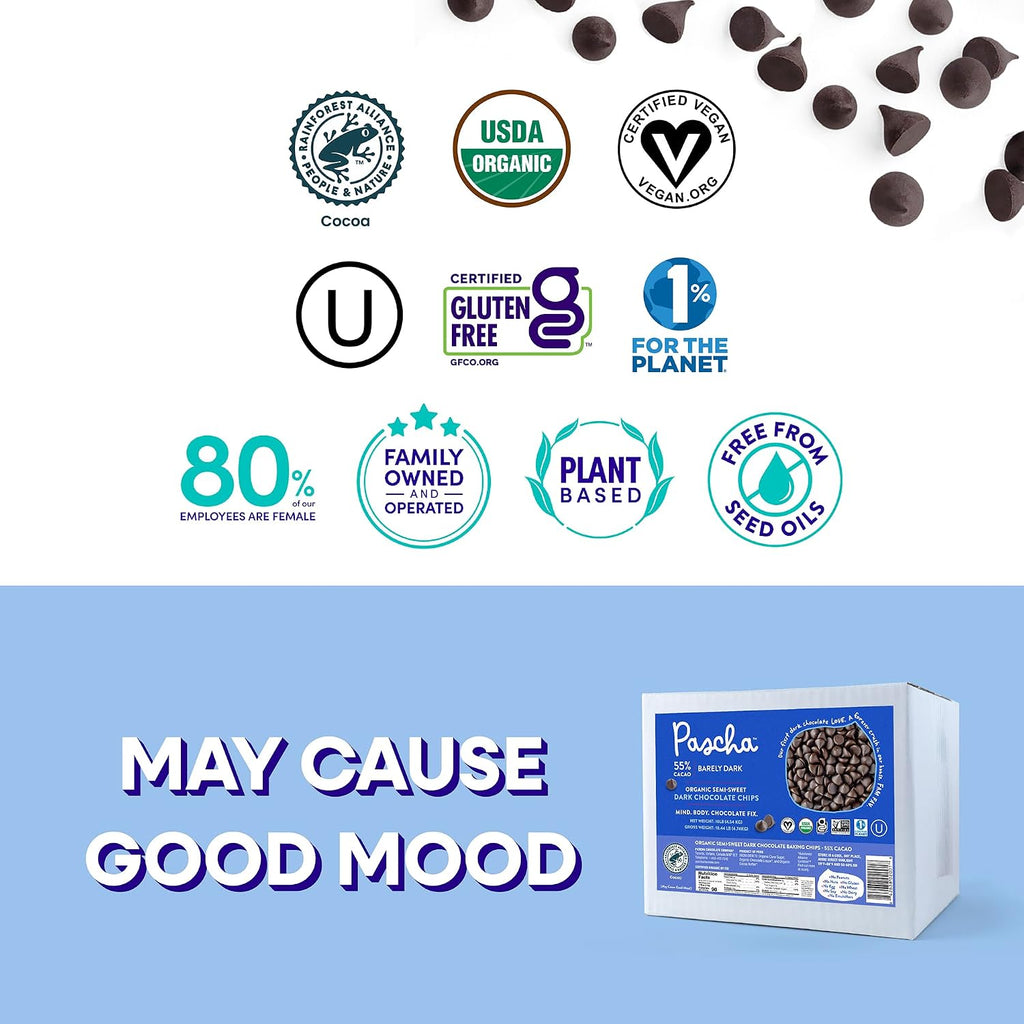 Pascha Bulk Organic Baking Semi-Sweet Chocolate Chips 55% Cacao, Allergen Free, Non-GMO, Vegan, & Fair Trade, 10 Pounds