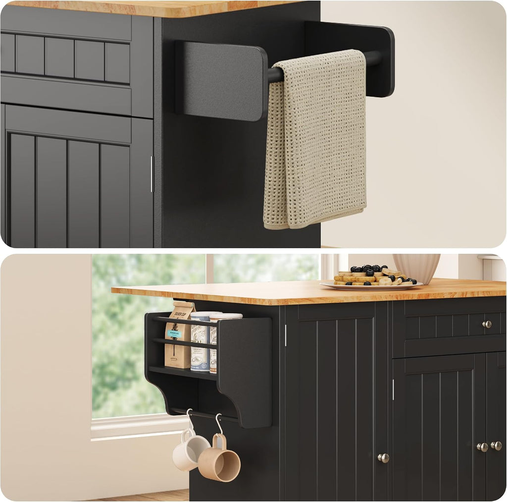 Ahomly Kitchen Island with Storage, Island Table for Kitchen with Drop Leaf, 5 Wheels, a Drawer, Spicy Rack and Towel Bar, Black