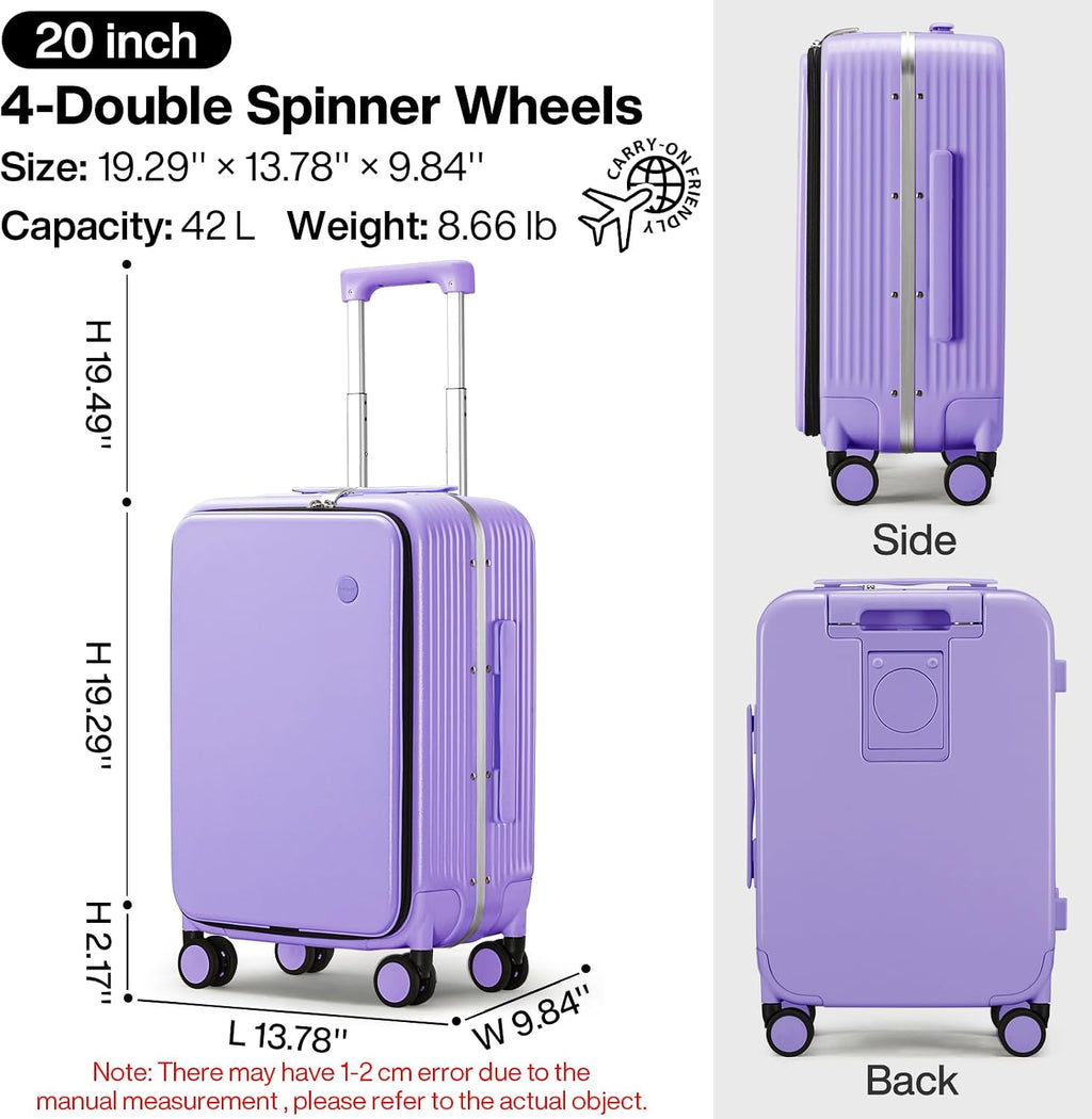 mixi Carry On Luggage with Cup Phone Holder and Charger Hard Shell Suitcases with Spinner Wheels,20 Inch Lilac Purple