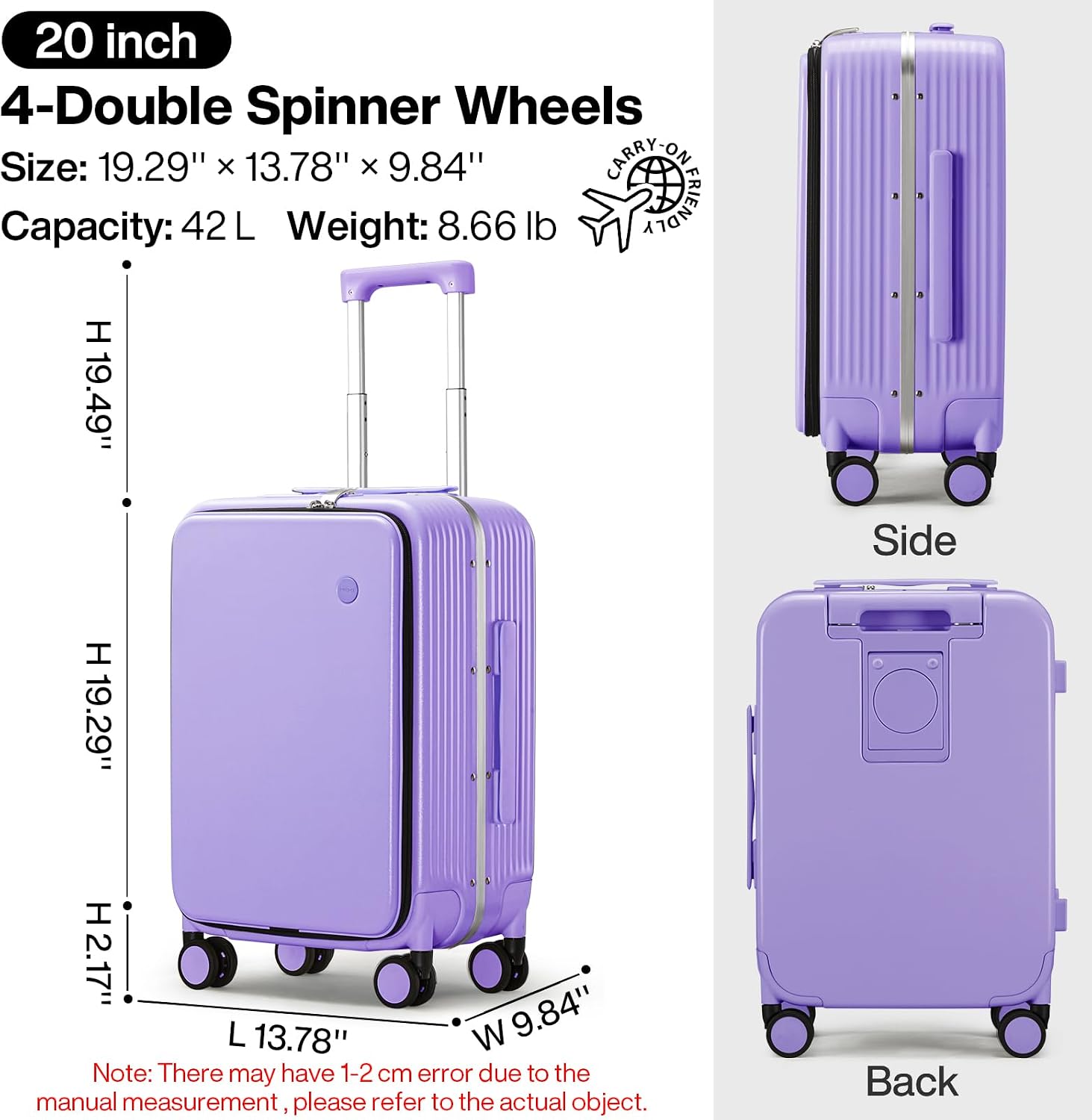 mixi Carry On Luggage with Cup Phone Holder and Charger Hard Shell Suitcases with Spinner Wheels,20 Inch Lilac Purple