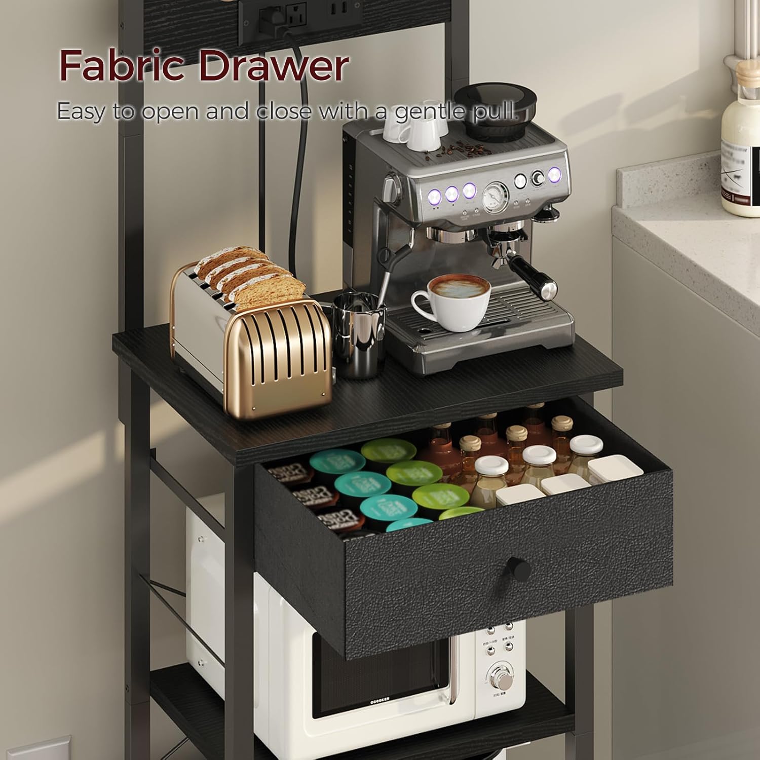 MAHANCRIS Bakers Rack with Mini Fridge Shelf and Bakers Rack with Drawer Bundle, Microwave Stand with Power Outlet, BRHR5401-BRBK48E01