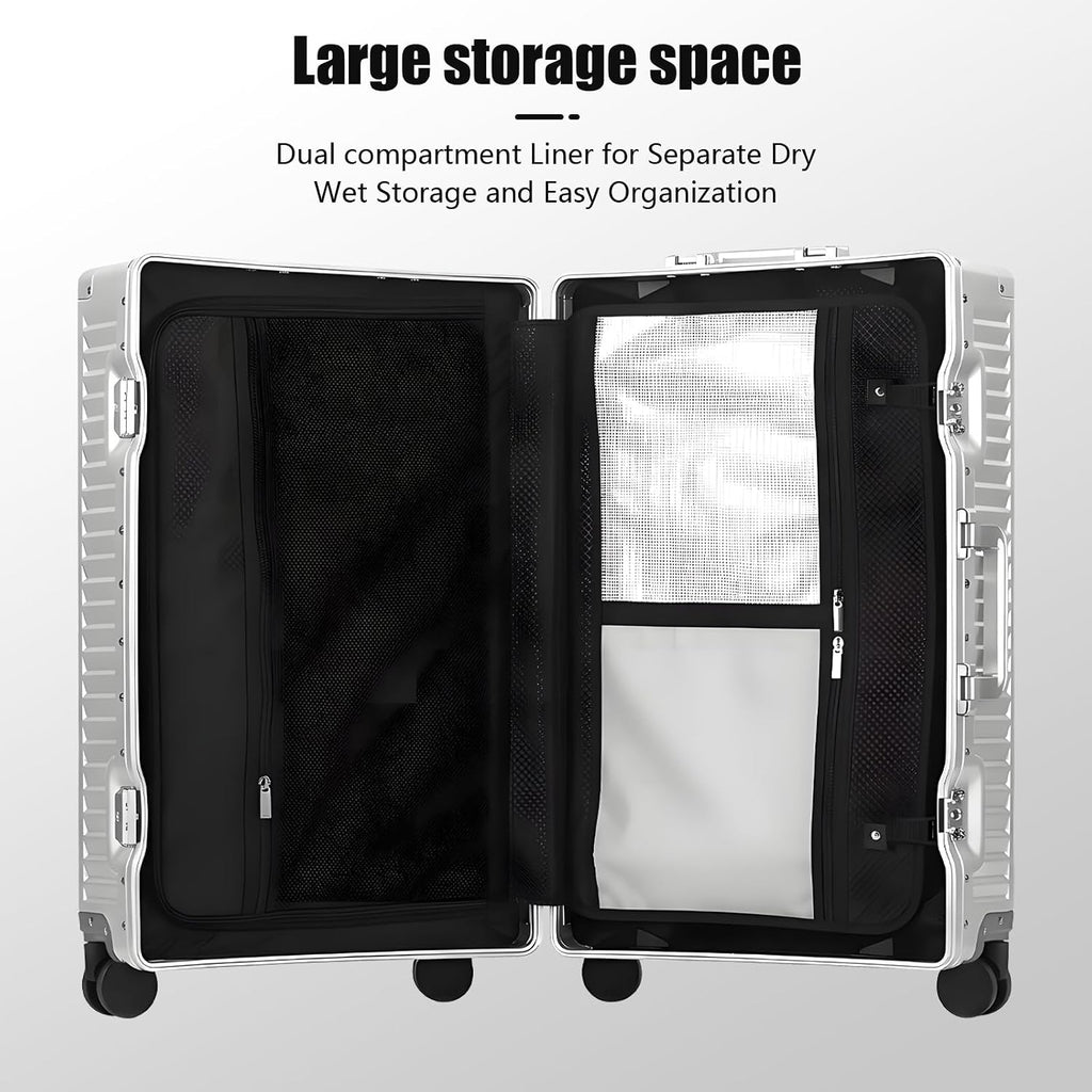 YYW All Aluminium Luggage With Spinner Wheels Lightweight PC hardside Rolling Suitcase, Built-In TSA lock Carry on Suitcase, with Cup Holder, USB Port, Phone Holder (Silver,24inch/39x25x65cm)
