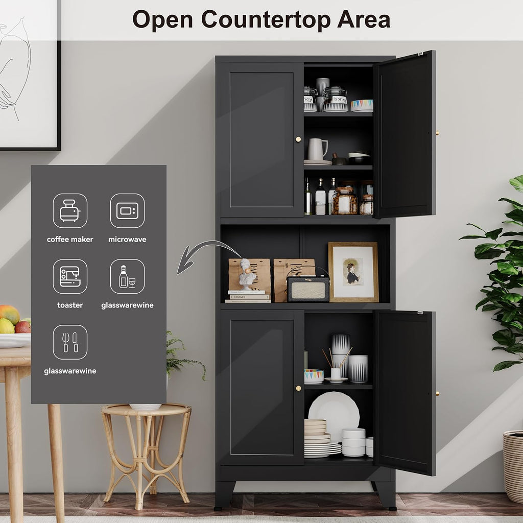 YAUWOH 69' Tall Metal Pantry Cabinet with Microwave Shelf, 4 Doors & 3 Adjustable Shelves, 120LBS Per Shelf Heavy Duty Storage Cabinet with Anti-Tip Design for Kitchen,Dining Room (1PC,Black)