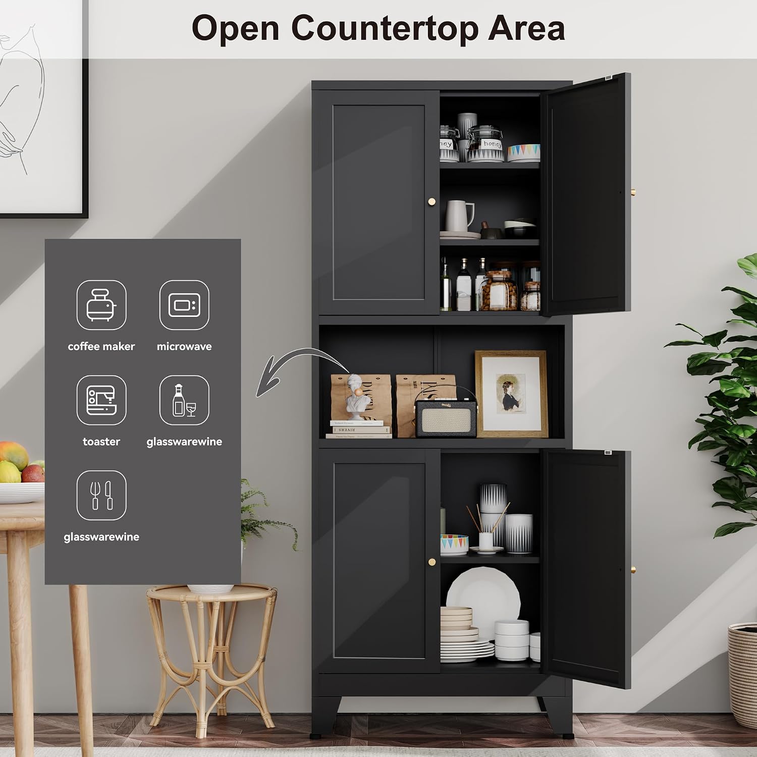 YAUWOH 69' Tall Metal Pantry Cabinet with Microwave Shelf, 4 Doors & 3 Adjustable Shelves, 120LBS Per Shelf Heavy Duty Storage Cabinet with Anti-Tip Design for Kitchen,Dining Room (1PC,Black)