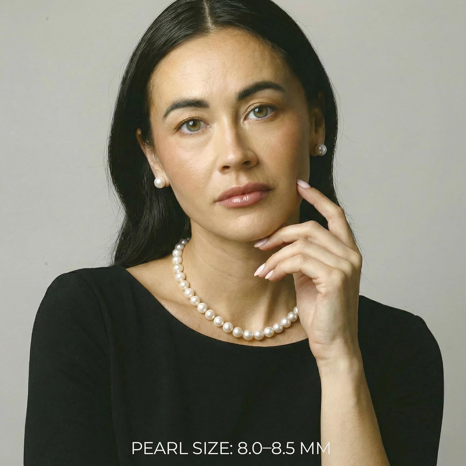 The Pearl Source Real Freshwater Pearl Necklace for Women, Round White Genuine Cultured Freshwater Pearls, Classic Single Strand Pearl Necklace, Sterling Silver Fishhook Clasp