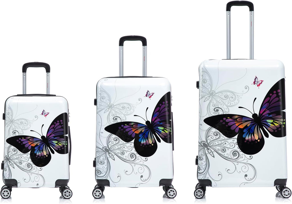 InUSA Butterfly Print Luggage with Spinner Wheels | Durable Lightweight Hardside Suitcase | Travel Bag with Handle and Trolley | (20in, 24in, 28in) 3 Piece Set