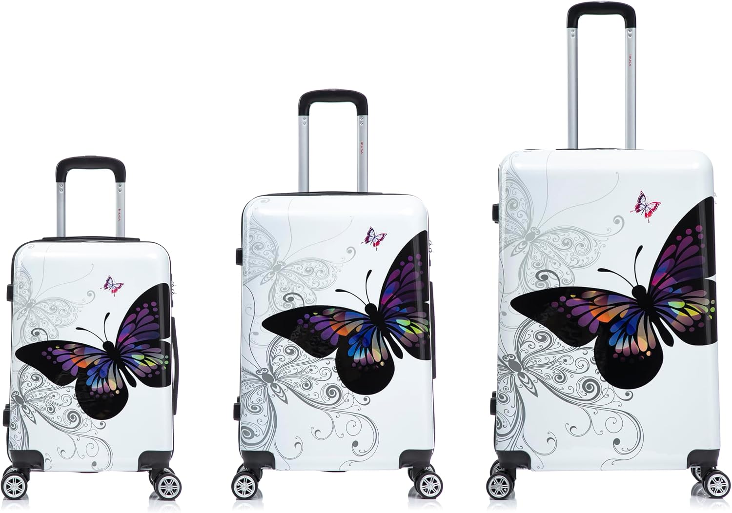 InUSA Butterfly Print Luggage with Spinner Wheels | Durable Lightweight Hardside Suitcase | Travel Bag with Handle and Trolley | (20in, 24in, 28in) 3 Piece Set