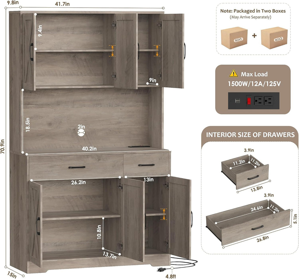 HOSTACK 71' Pantry Cabinet with Charging Station, Tall Kitchen Pantry Storage Cabinet with Microwave Stand, Farmhouse Kitchen Hutch with Storage Drawers for Living Room, Dining Room, Ash Grey