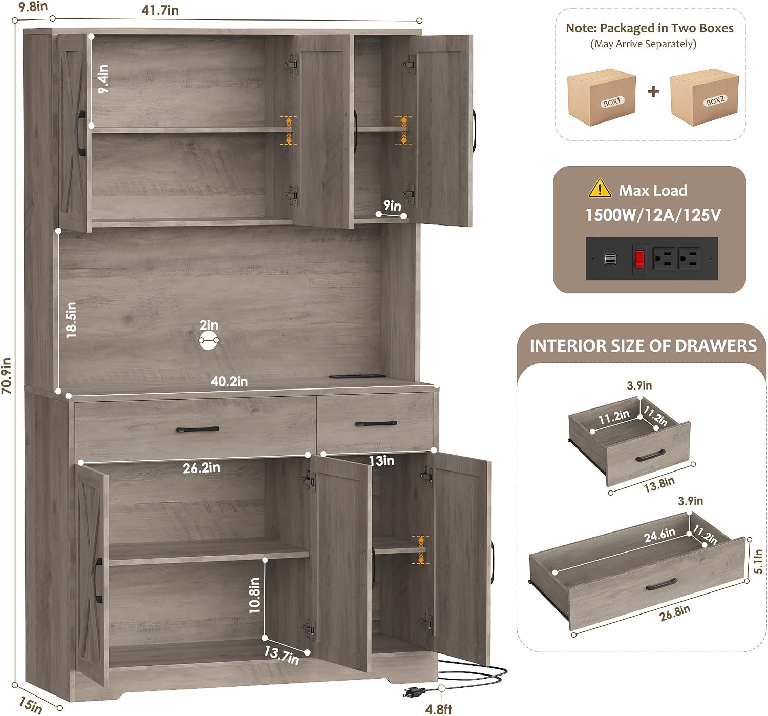 HOSTACK 71' Pantry Cabinet with Charging Station, Tall Kitchen Pantry Storage Cabinet with Microwave Stand, Farmhouse Kitchen Hutch with Storage Drawers for Living Room, Dining Room, Ash Grey