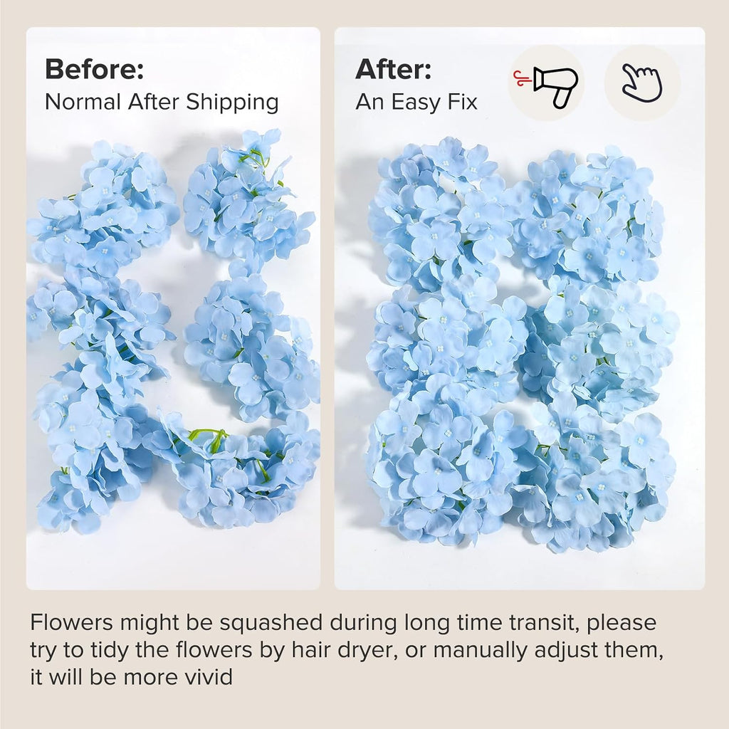 Auihiay 404PCS Hydrangea Artificial Flowers, Silk Artificial Flowers Heads with Stems, Blue Lifelike Faux Flowers for Wedding Centerpieces, Arch and Background, Party, Home, Baby Shower Decor