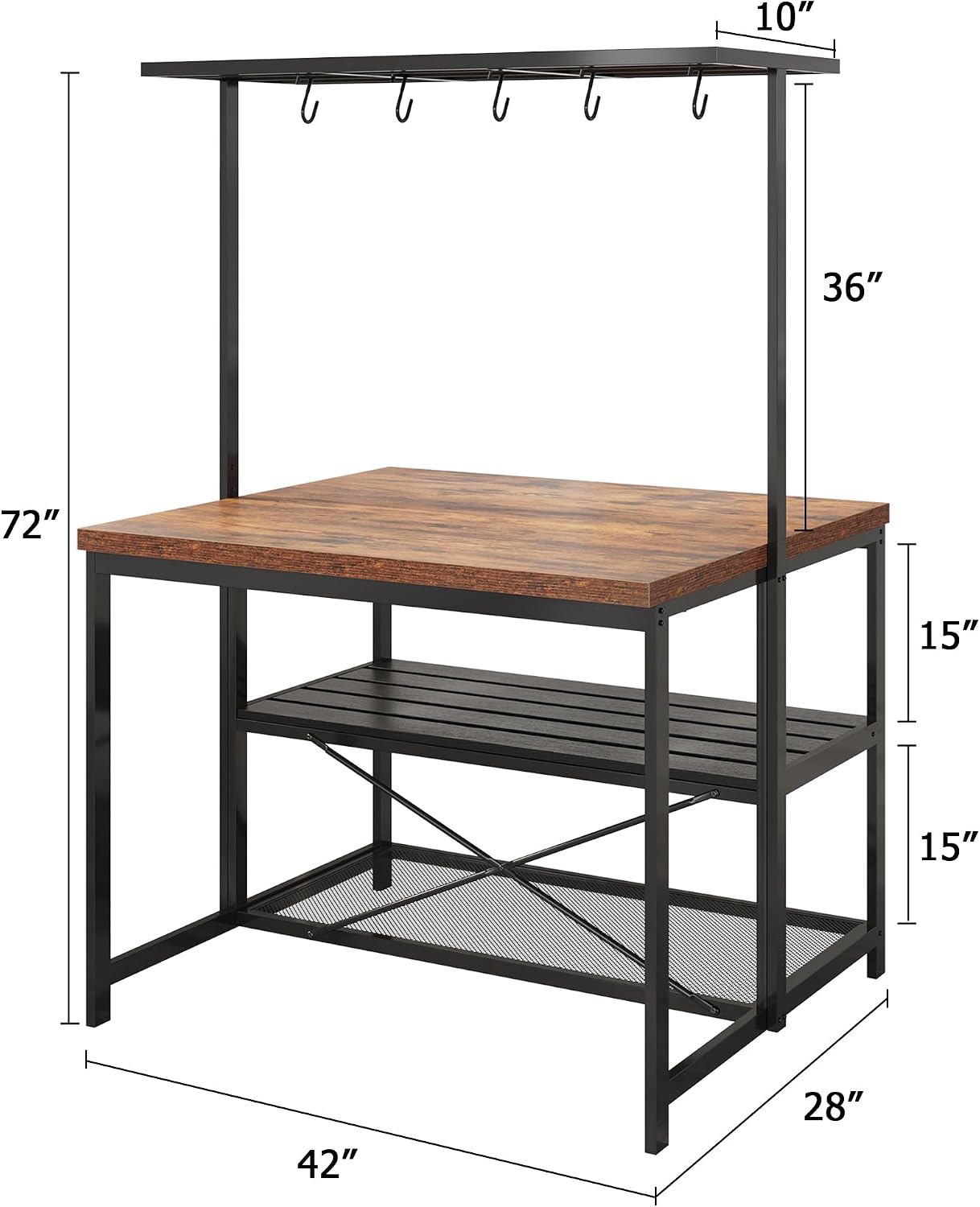 Kitchen Island with 3 Tier Storage Shelf, 42'' Wooden Island Table with Bakers Rack, Microwave Oven, 5 Hooks for Kitchen, Living Room, Dining Room, Modern Bar Table and Chairs Set for 2
