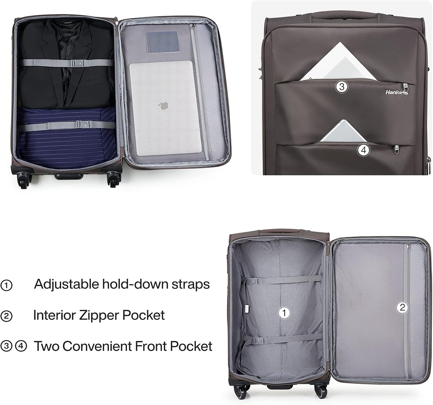 Hanke 24 Inch Expandable Luggage Large Suitcases with Wheels Softside Checked Luggage Rolling Suitcase with Lock Lightweight Travel Luggage for Men and Women 24 Inch Luggage.(Coffee)