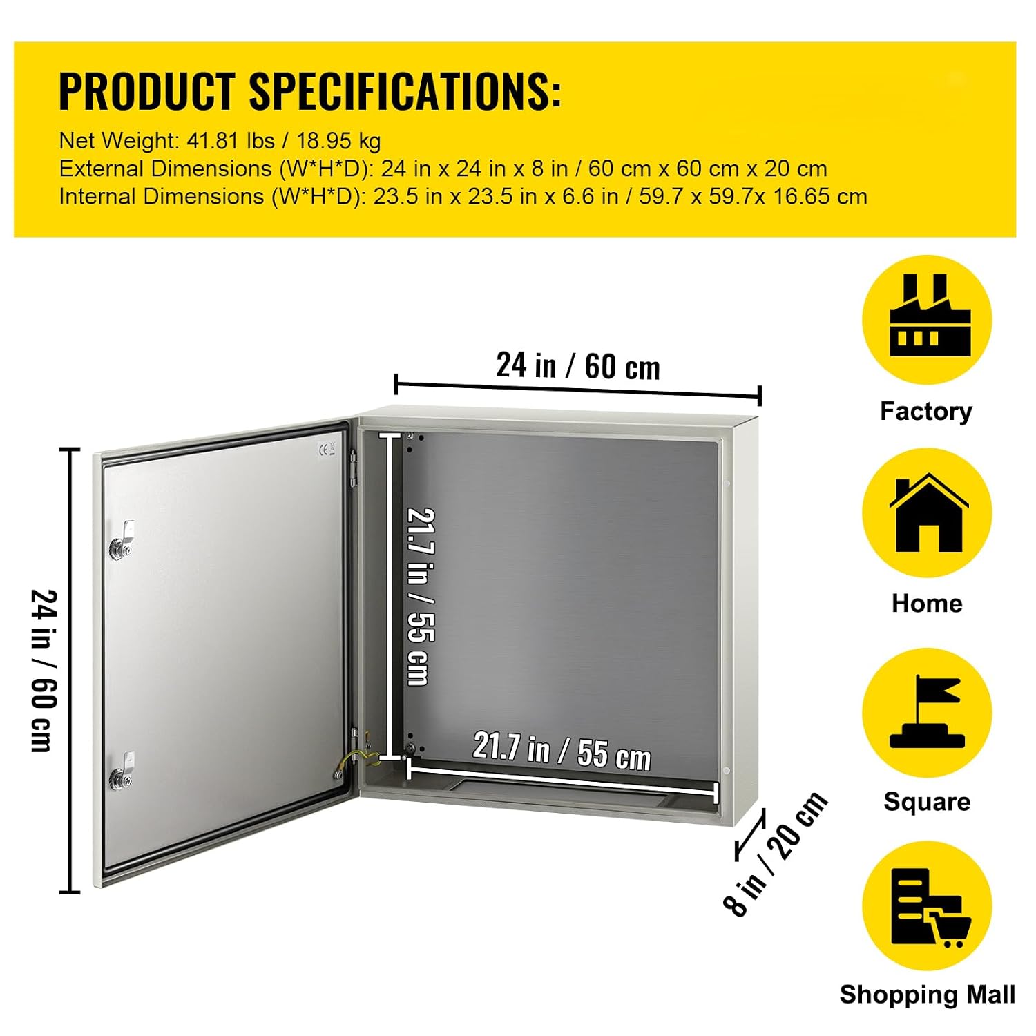 Happybuy NEMA Steel Case, 24x24x8'' NEMA 4X Metal Electric Enclosure, IP66 Water & Dust Resistant, Ideal for Both Outdoor & Indoor Applications, Comes with Mounting Plate