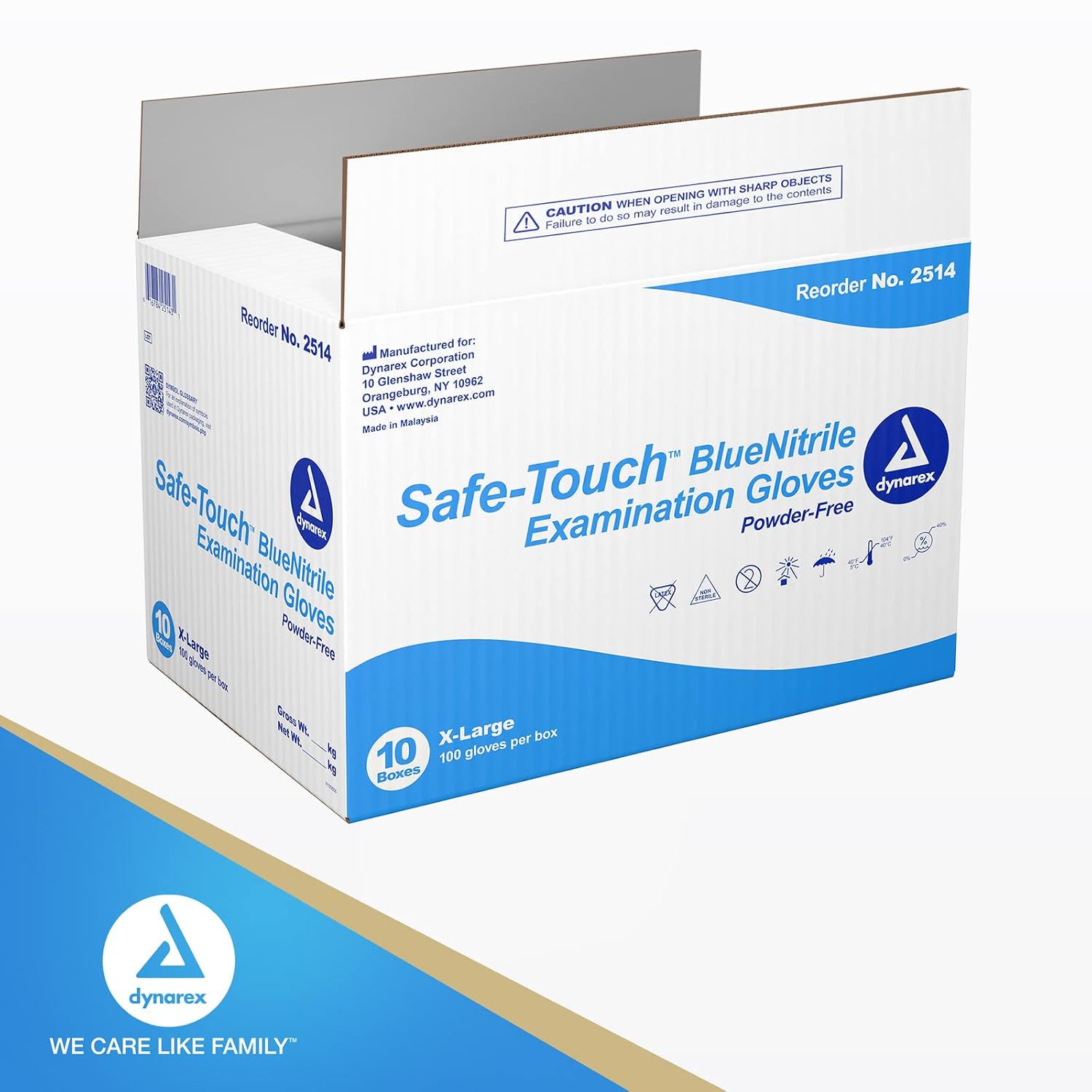 Dynarex Safe-Touch Disposable Nitrile Exam Gloves, Powder-Free, Latex-Free, Touchscreen Friendly & Used by Professionals, Blue, X-Large, 1 Case - 10 Boxes of 100 Gloves