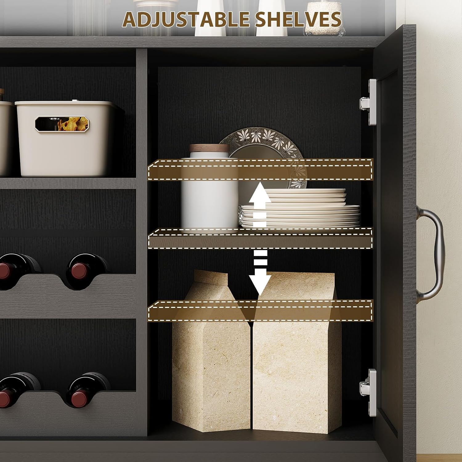Bakers Rack With Power Outlet and LED Light 67'' Kitchen Microwave Stand Storage Shelf With 10 S-Shaped Hooks Wine Rack 5 Tiers Coffee Bar Station With Basket Cabinet Metal Grid Goblet Holder, Brown