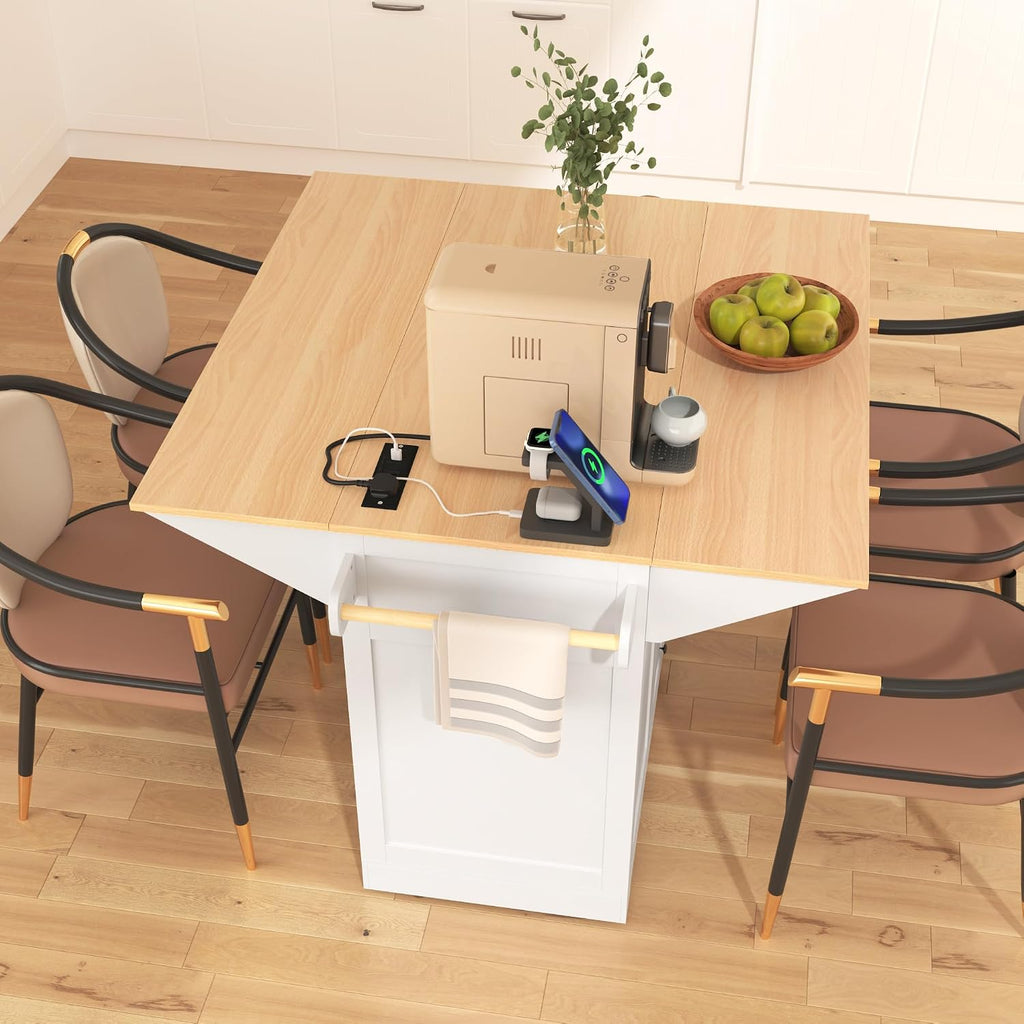 Kitchen Island with 2 Drop Leaf, Home Cart Island on Wheels Foldable Dining Table with Power Outlets,3 Drawers,Storage Cabinet, Tower Rack(White)