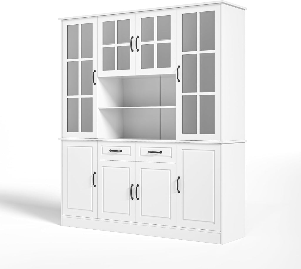 MU Kitchen Storage Cabinet with Glass Doors, Large China Hutch with 2 Drawers & 5 Adjustable Shelves, Kitchen Pantry Hutch for Home Office, Living Room, White (15.8' D x 63' W x 70.9H)