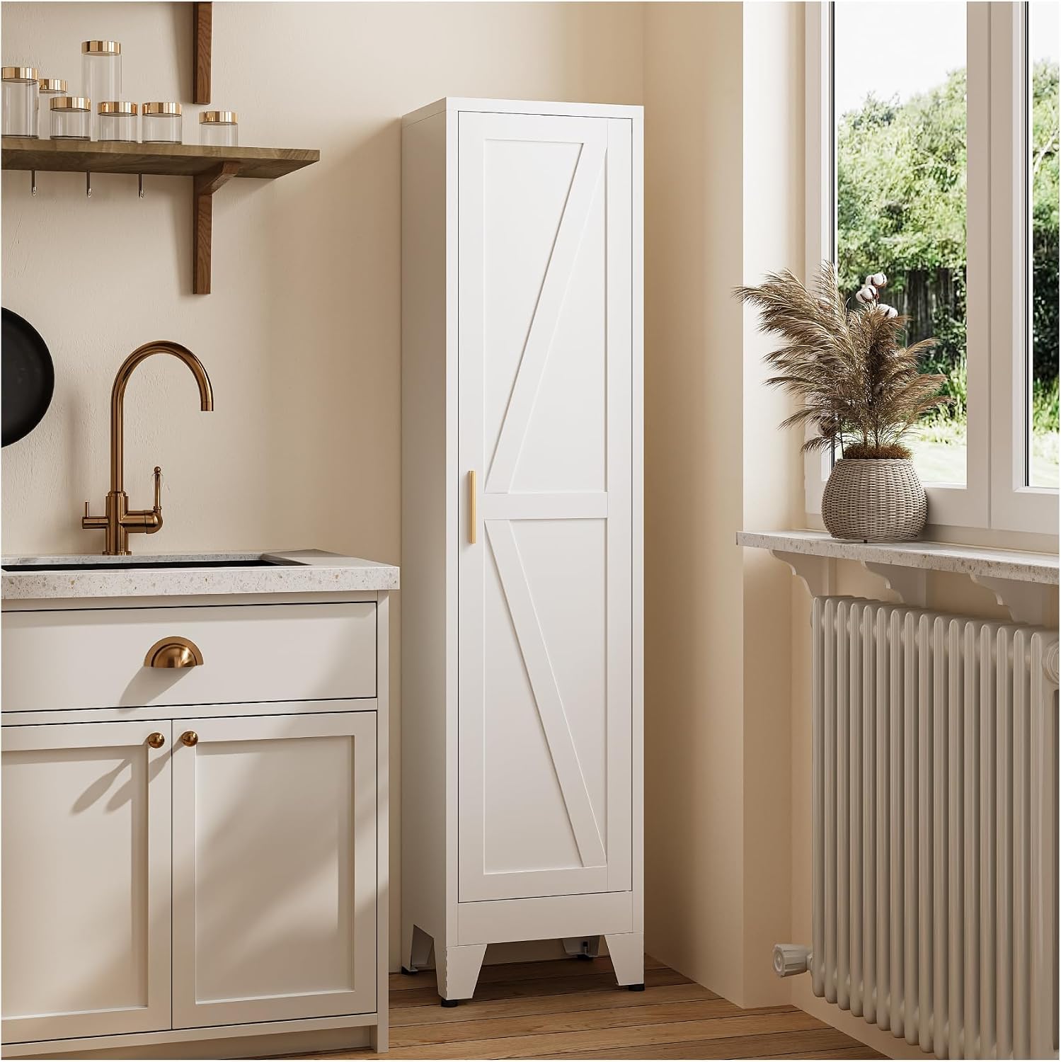 67' Tall Storage Cabinet with Reversible Doors and Adjustable Shelves,Metal Slim Freestanding Cabinet for Bathroom Kitchen Garage Small Spaces,White1 Pack