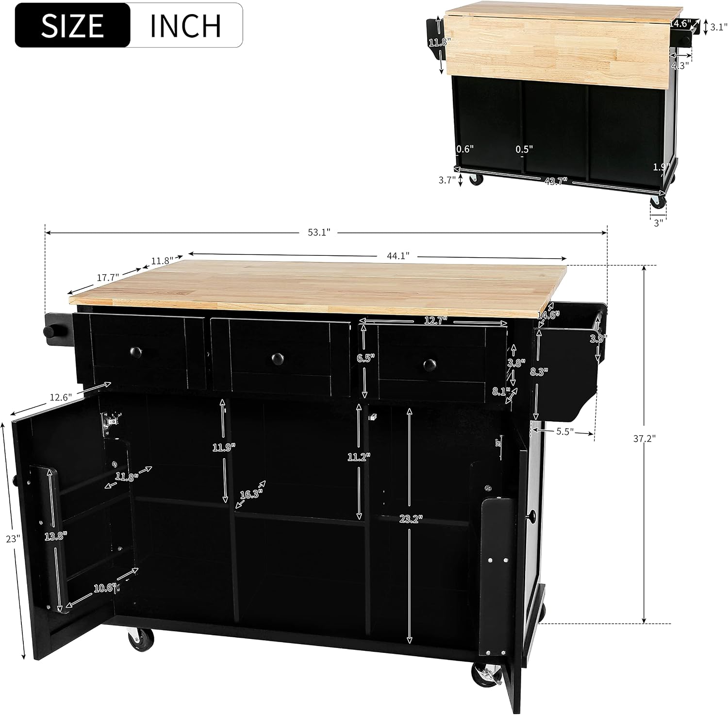 Modern Kitchen Island on 5 Wheels with Storage Cabinet and Drop-Leaf Countertop, Kitchen Cart with Cabinet Door Internal Storage Racks and 3 Drawers for Dinning Room (Black#M)