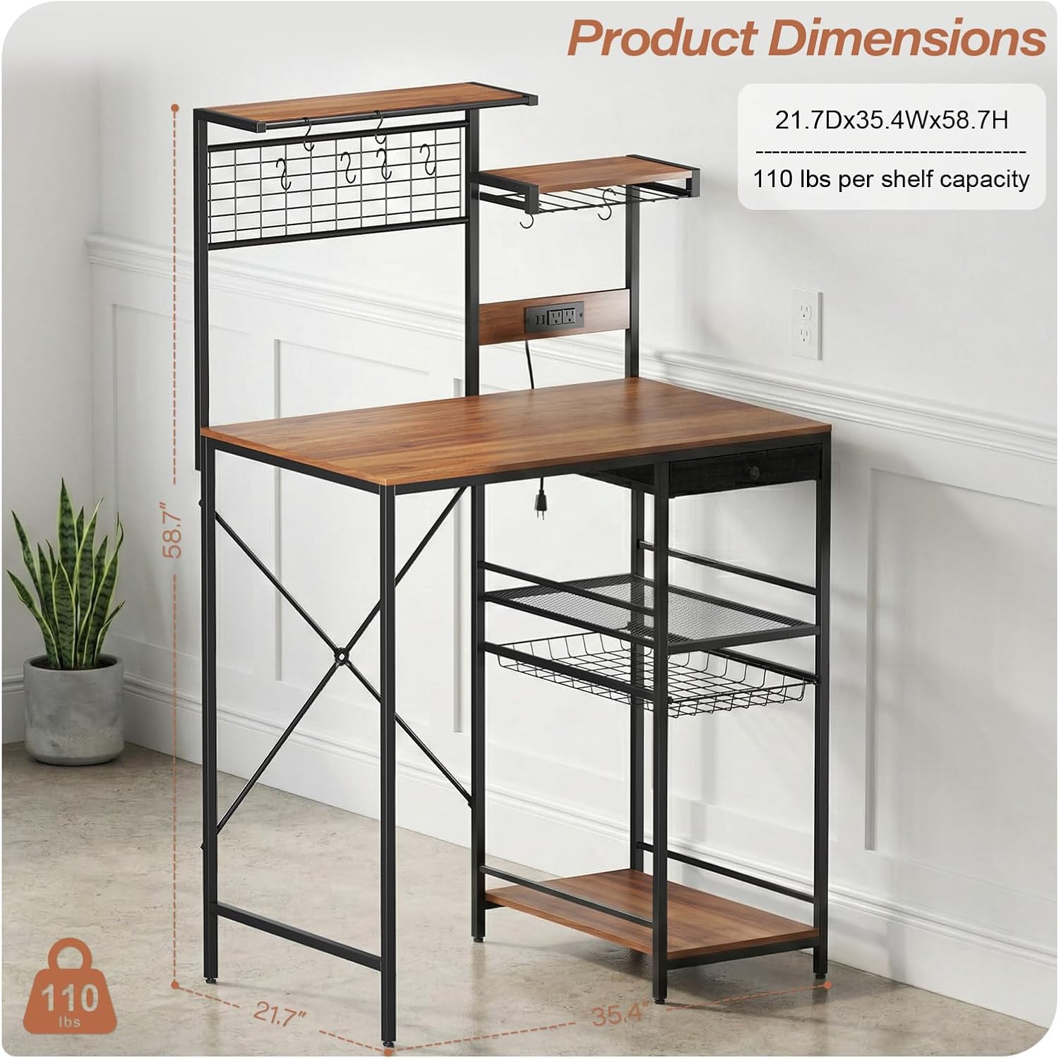 Fixed Kitchen Storage Shelf with Outlets & USB | Heavy Duty Baker's Rack with Pull-Out Basket & Hooks, Holds Microwave, Coffee Maker, Spice Organizer for Pantry, Kitchen, Apartment