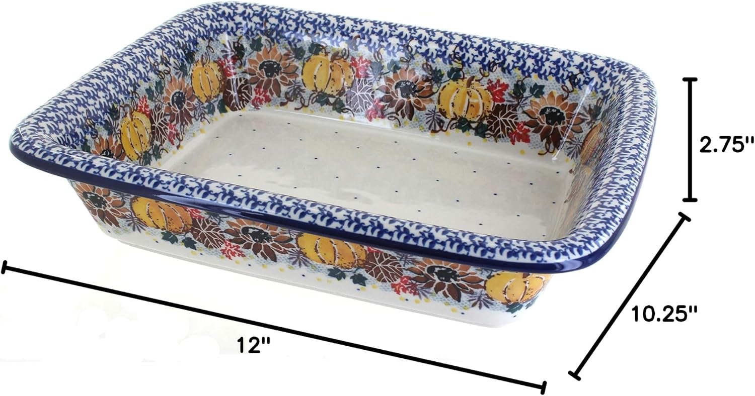 Blue Rose Polish Pottery - Brown Harvest Bounty Medium Rectangular Baker - 12.25' x 10' - Unique, Dishwasher Safe, & Durable Bakeware