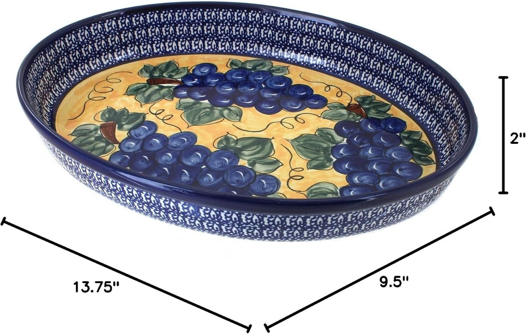 Blue Rose Polish Pottery - Blue Grapes Large Oval Baker - 14' x 10.25' - Unique, Dishwasher Safe, & Durable Bakeware