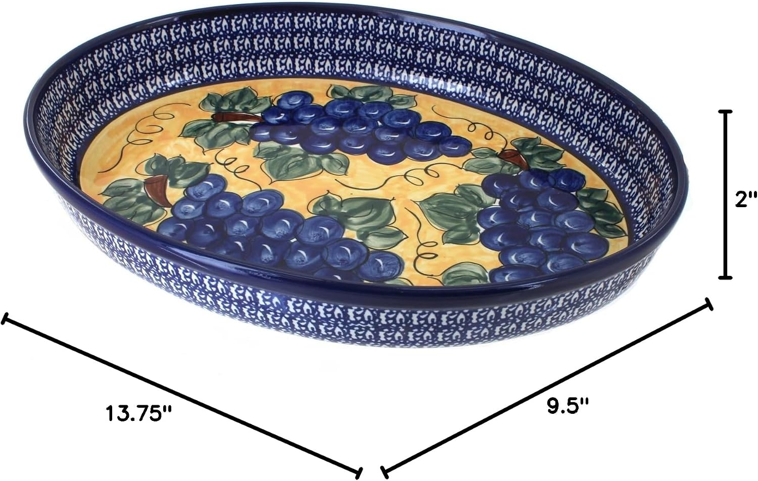 Blue Rose Polish Pottery - Blue Grapes Large Oval Baker - 14' x 10.25' - Unique, Dishwasher Safe, & Durable Bakeware
