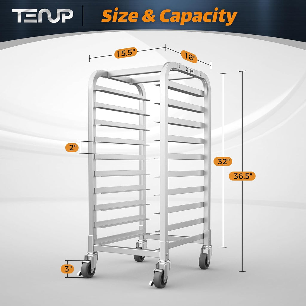 TenUp 10-Tier Half Size Sheet Pan Rack, Heavy-Duty Aluminum Bakery Rack with Wheels – Commercial Cooling & Storage Cart – 18' L x 15.5' W x 36' H