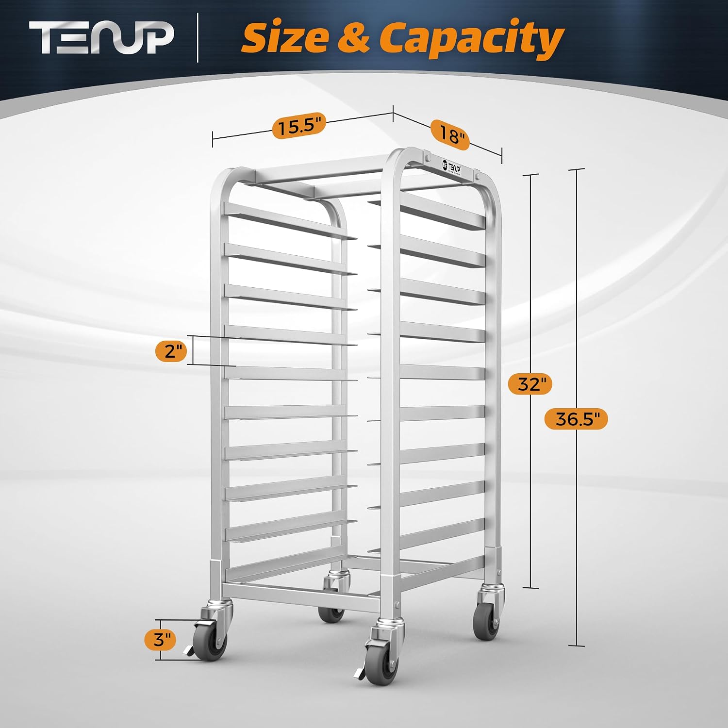 TenUp 10-Tier Half Size Sheet Pan Rack, Heavy-Duty Aluminum Bakery Rack with Wheels – Commercial Cooling & Storage Cart – 18' L x 15.5' W x 36' H