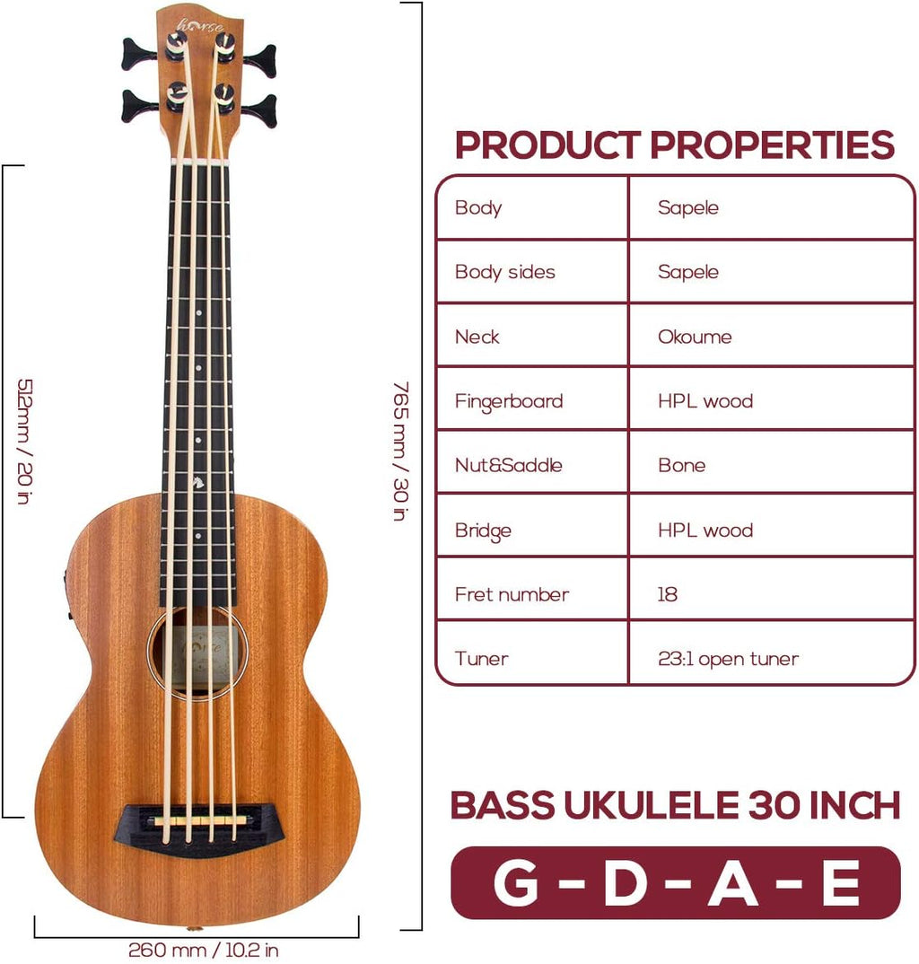 Electric Acoustic Bass Ukulele, Horse 30 inch Sapele Professional Aquila EADG with Gig Bag Strap Picks for Beginner and Advanced