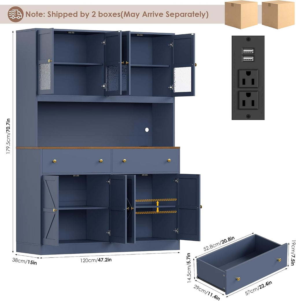 FINETONES 71' Pantry Cabinet with LED Light and Charging Station, Farmhouse Kitchen Pantry Cabinet with Microwave Stand, 47.2' Wide Kitchen Hutch Food Pantry with Open Countertop, Blue
