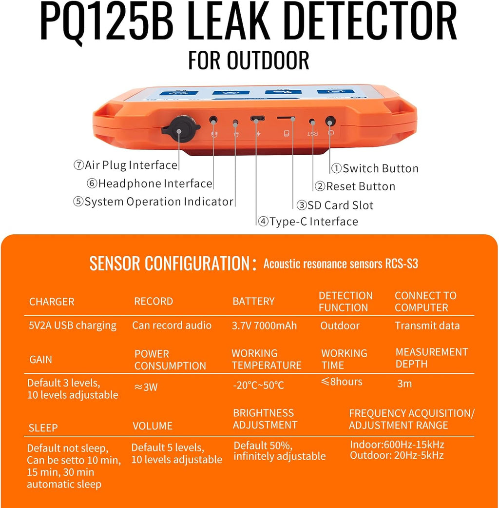 Underground Water Leak Detectors PQ125B Outdoor Wall Pipe Water Leakage Detection with Touchscreen Earphone and Carrying Case Sensor Acoustic Pipeline Sound Intensifier