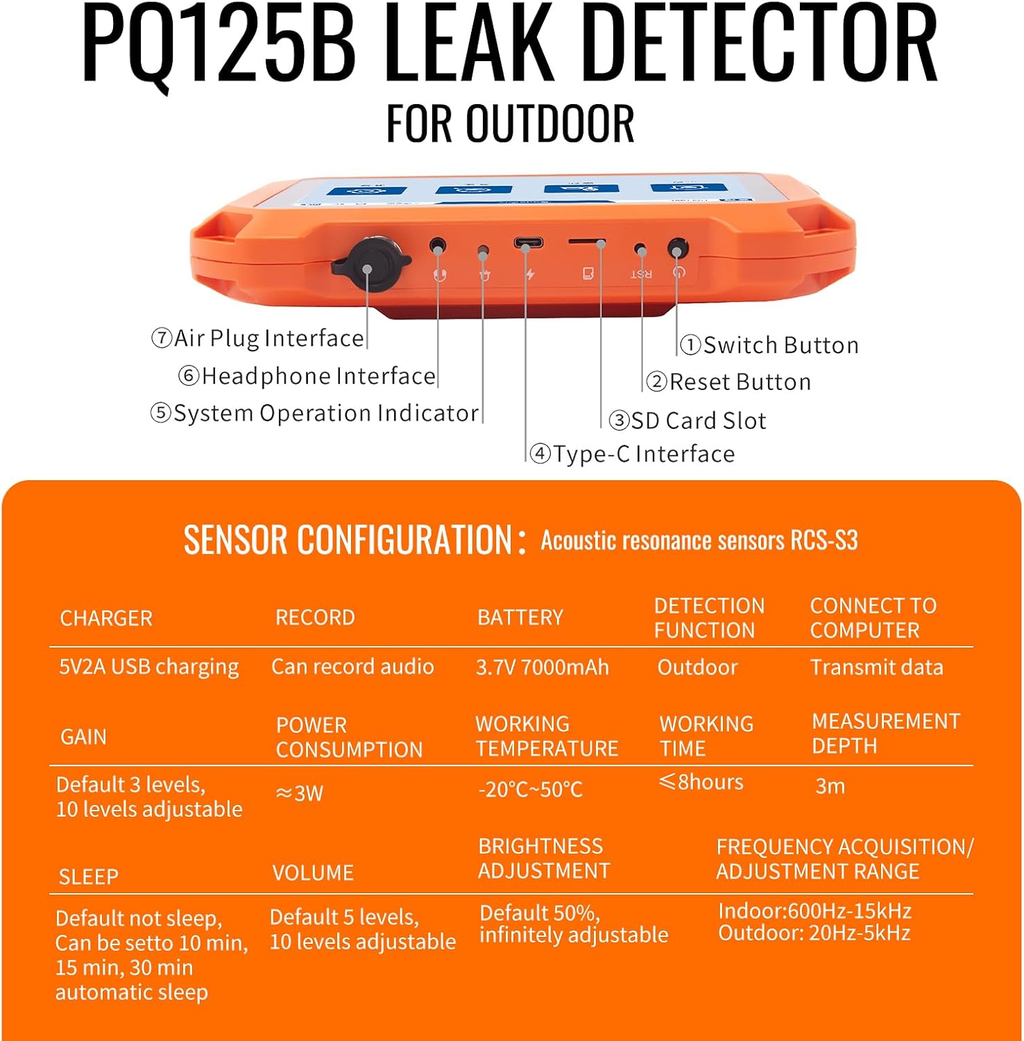 Underground Water Leak Detectors PQ125B Outdoor Wall Pipe Water Leakage Detection with Touchscreen Earphone and Carrying Case Sensor Acoustic Pipeline Sound Intensifier