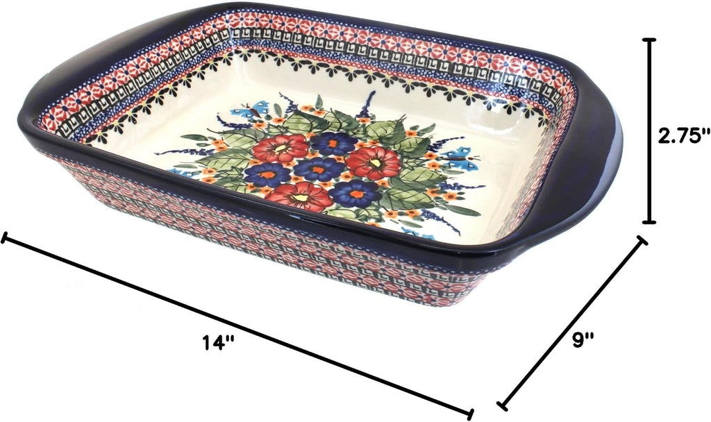 Blue Rose Polish Pottery - Red Floral Butterfly Large Rectangular Baker with Handles - 11.5' x 9.25' - Unique, Dishwasher Safe, & Durable Bakeware