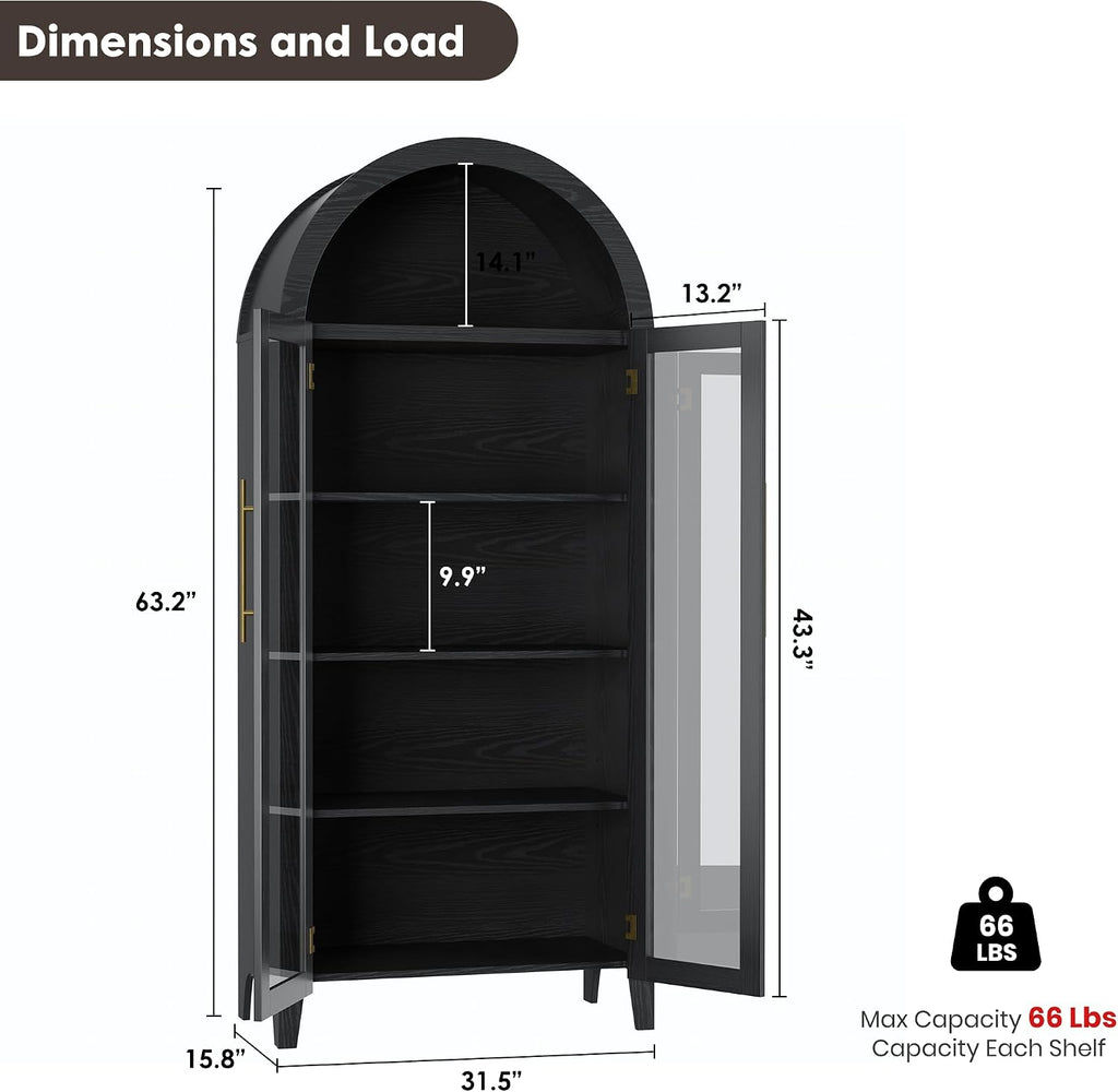 GarveeHome Arched Kitchen Pantry Cabinet - Farmhouse 5 Tier Display Shelf with Adjustable Shelf and 2 Large Glass Doors, Versatile Storage Cupboard for Kitchen, Dining Room, Living Room, Black