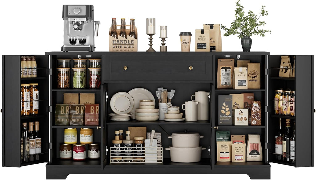 HITHOS 54' Buffet Cabinet with Storage, Modern Kitchen Buffet Sideboard with Drawer, Wood Coffee Bar with Adjustable Shelves, Kitchen Storage Cabinet for Living Room, Black
