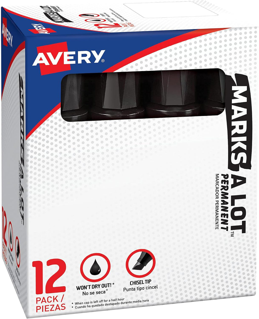 Avery Marks A Lot Jumbo Chisel Tip Marker, Desk-Style Size, Water and Wear Resistant, 12 per Box, 4 Boxes, 48 Markers Total (24148)