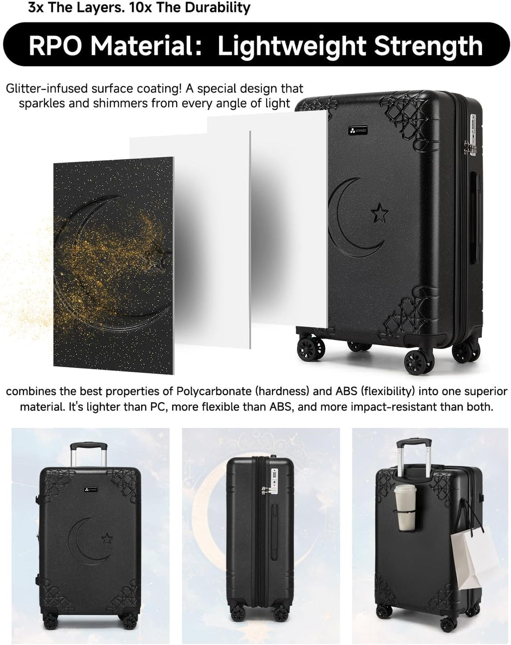 Somago 3 Piece Luggage Set with Cup Holder, Expandable 25% Capacity Suitcase with Shock-Absorbing Braking Spinner Wheels Moon Star Design Hardside Suitcase with TSA Lock (Black,Expandable Sets)