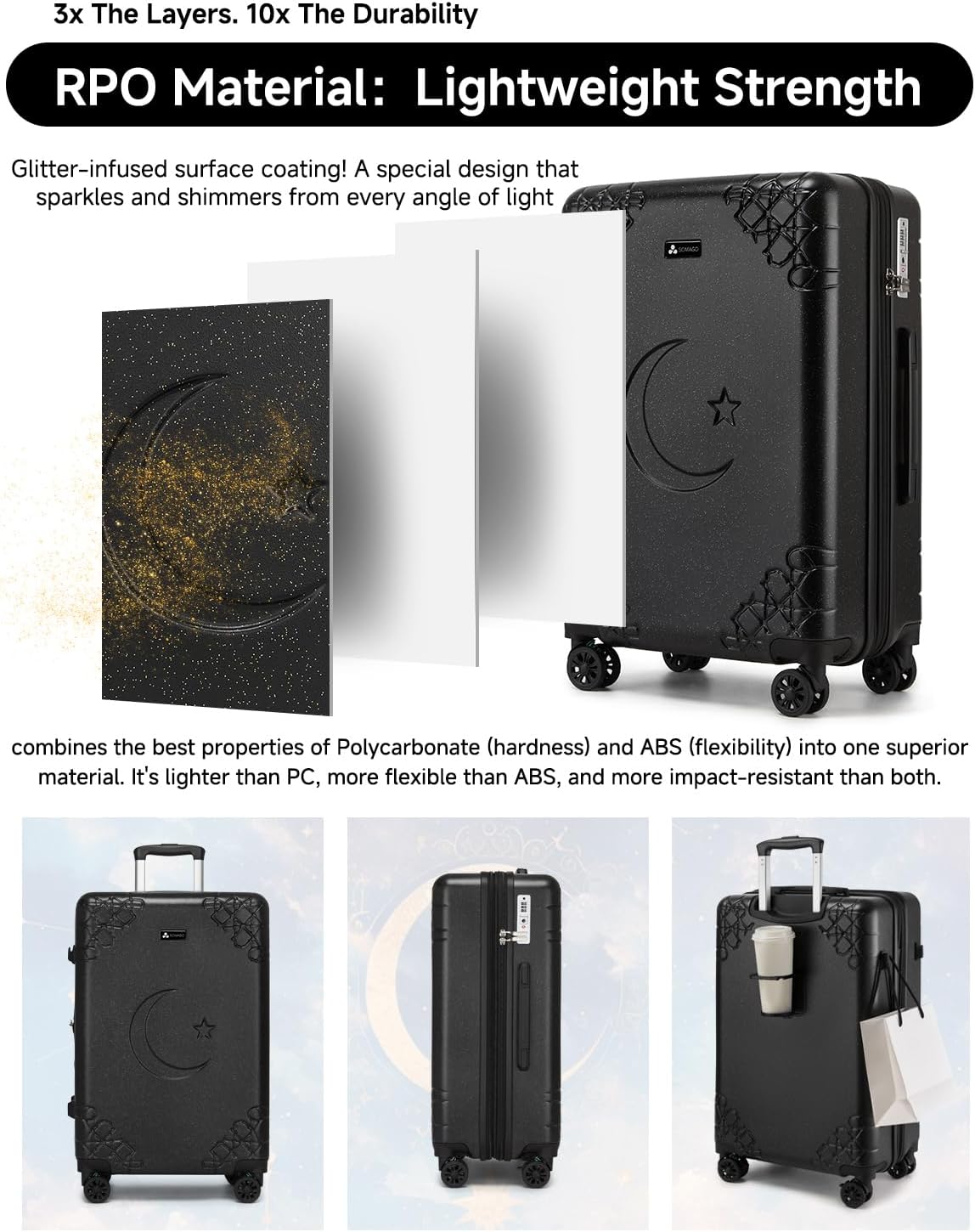 Somago 3 Piece Luggage Set with Cup Holder, Expandable 25% Capacity Suitcase with Shock-Absorbing Braking Spinner Wheels Moon Star Design Hardside Suitcase with TSA Lock (Black,Expandable Sets)