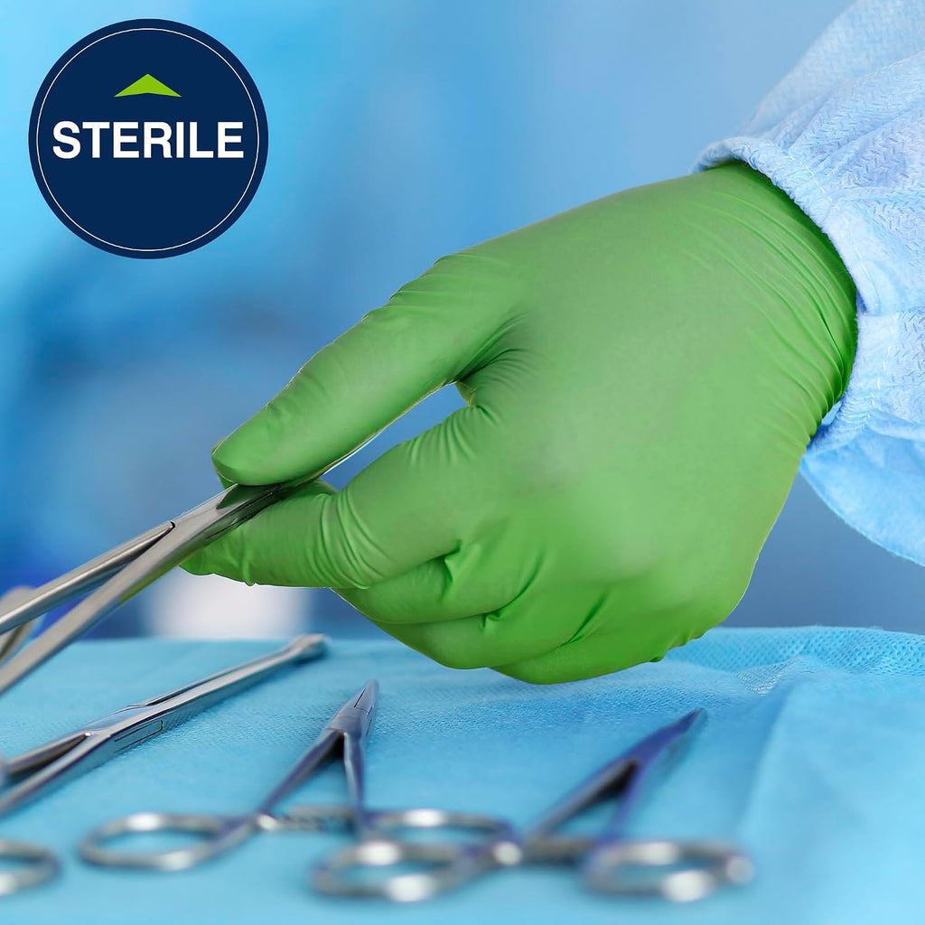 HALYARD Micro Surgical Gloves Sterile Polyisoprene Individually Wrapped Pairs Powder Free Medical Disposable Gloves, 7.9 mil, Size 5.5 XS, Green, SGL90055 (Box of 50 Pairs - 100 Total)