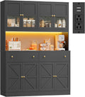 FINETONES 71' Pantry Cabinet with LED Light and Charging Station, Farmhouse Kitchen Pantry Cabinet with Microwave Stand, 47.2' Wide Kitchen Hutch Food Pantry with Open Countertop, Black