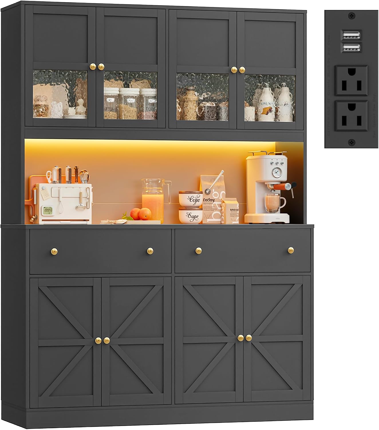 FINETONES 71' Pantry Cabinet with LED Light and Charging Station, Farmhouse Kitchen Pantry Cabinet with Microwave Stand, 47.2' Wide Kitchen Hutch Food Pantry with Open Countertop, Black