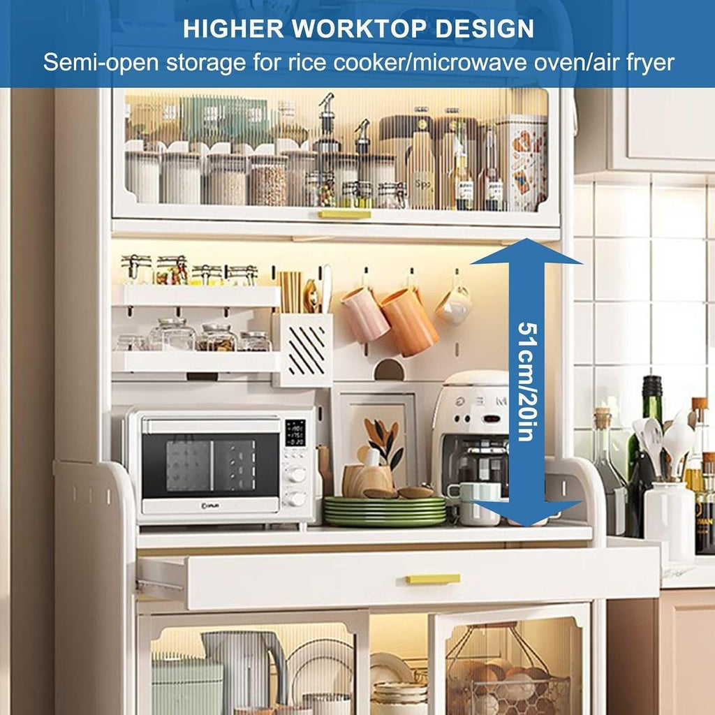 5-Tier Kitchen Bakers Rack with Drawer, Adjustable Shelves & Pegboard, Utility Storage Cabinet with Hooks, Power Outlets(Black,147.5x60cm/58x23.6in)