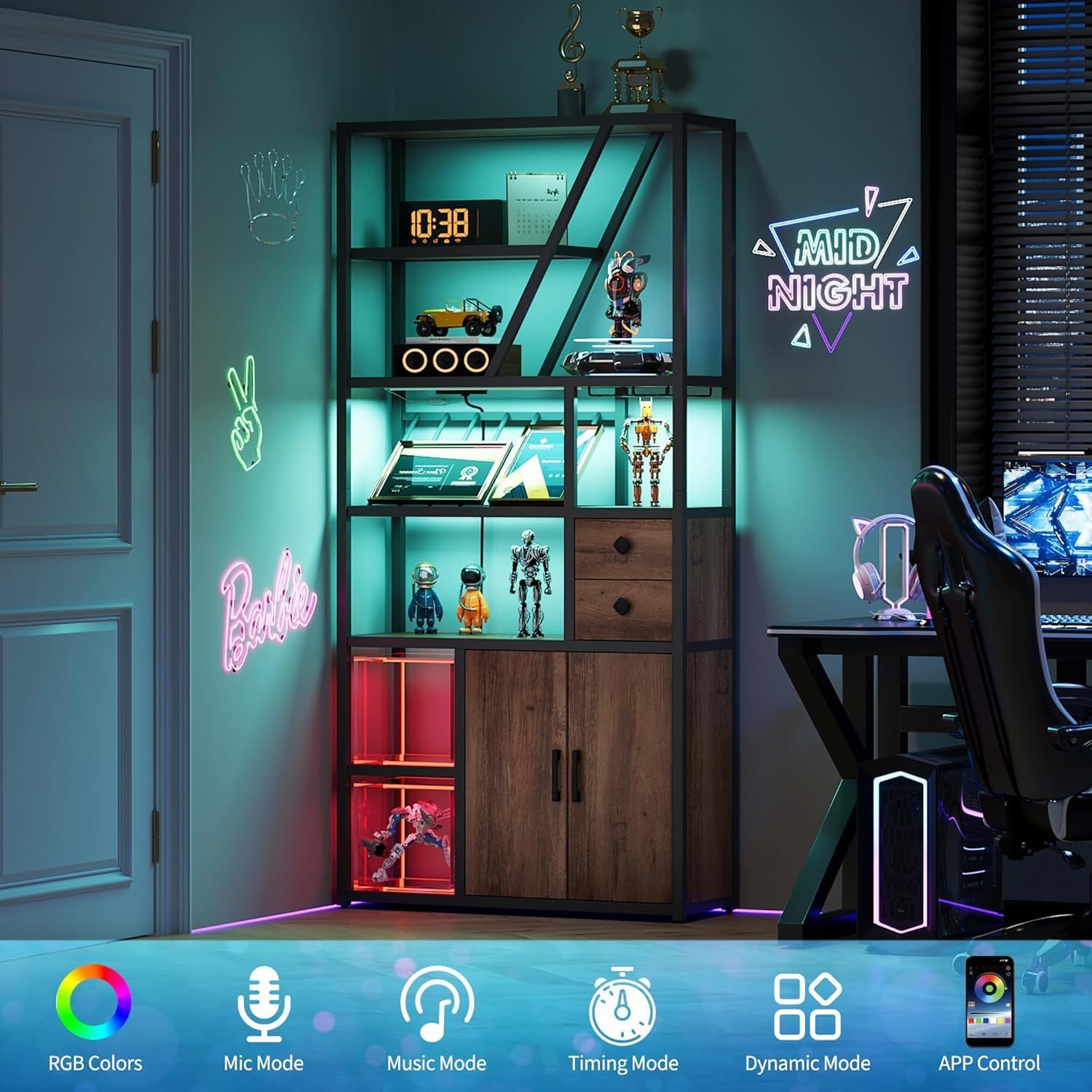 Bakers Rack - Power Outlet & LED Light, Microwave Stand with Storage, Farmhouse Coffee Bar Cabinet Station with Wine Rack, Goblet Holder, and Kitchen Dining Room Use.