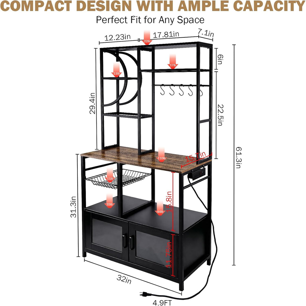 Uieke Bakers Rack with Power Outlet and Storage, Kitchen Bakers Rack with Cabinet & 10 Hooks, Coffee Bar Cabinet, Microwave Stand, 5 Tiers Kitchen Storage Rack for Dining Room & Small Spaces, Black