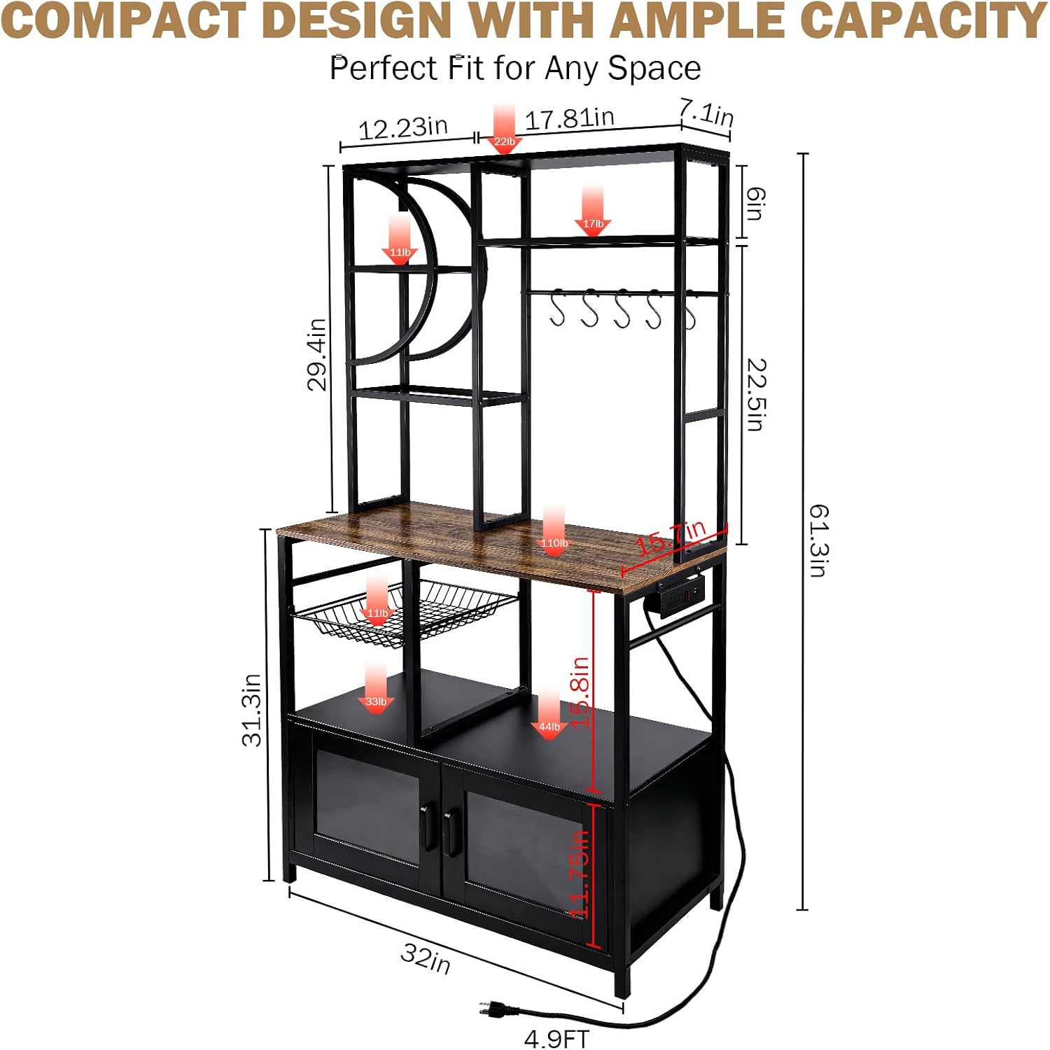 Uieke Bakers Rack with Power Outlet and Storage, Kitchen Bakers Rack with Cabinet & 10 Hooks, Coffee Bar Cabinet, Microwave Stand, 5 Tiers Kitchen Storage Rack for Dining Room & Small Spaces, Black