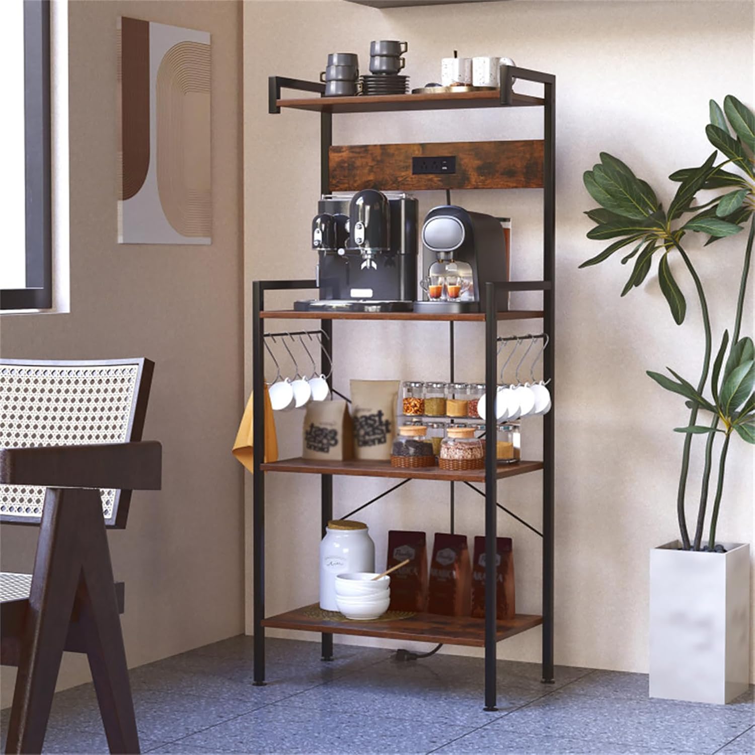 Kitchen Baker's Rack with Power Socket, Microwave Rack with 4 Shelves and 8 S-Shaped Hooks, Kitchen Storage Rack for Spices and Pots, Rustic Brown