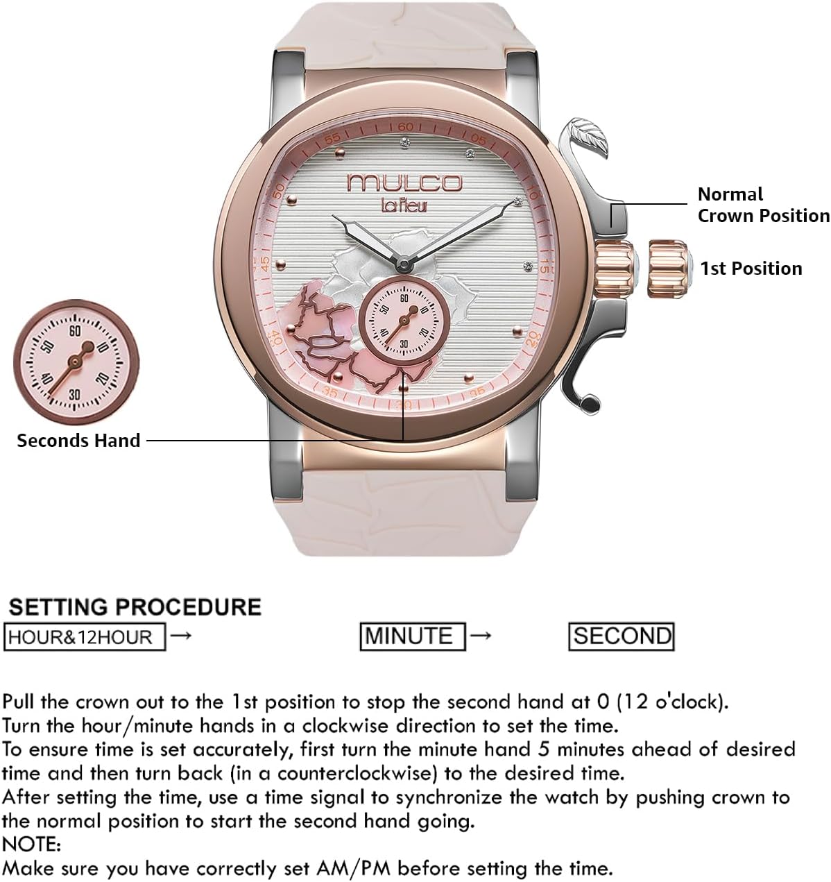MULCO Le Fleur Gardenia Women's Watch – 43 mm Stainless-Steel Case, Rose-Gold Bezel, Mother-of-Pearl Dial with Crystal Accents, Pure Silicone Strap, Quartz Multifunction Movement, 10 ATM Waterproof