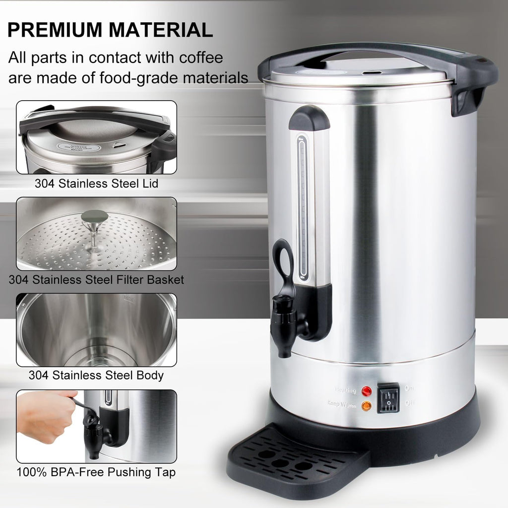 APOXCON Coffee Urn Commercial Grade Coffee Maker Double Wall Stainless Steel Large Hot Water Urn, 1500W Quick Brew Coffee Percolator Electric with Keep Warm Function, 100-Cup 14 L