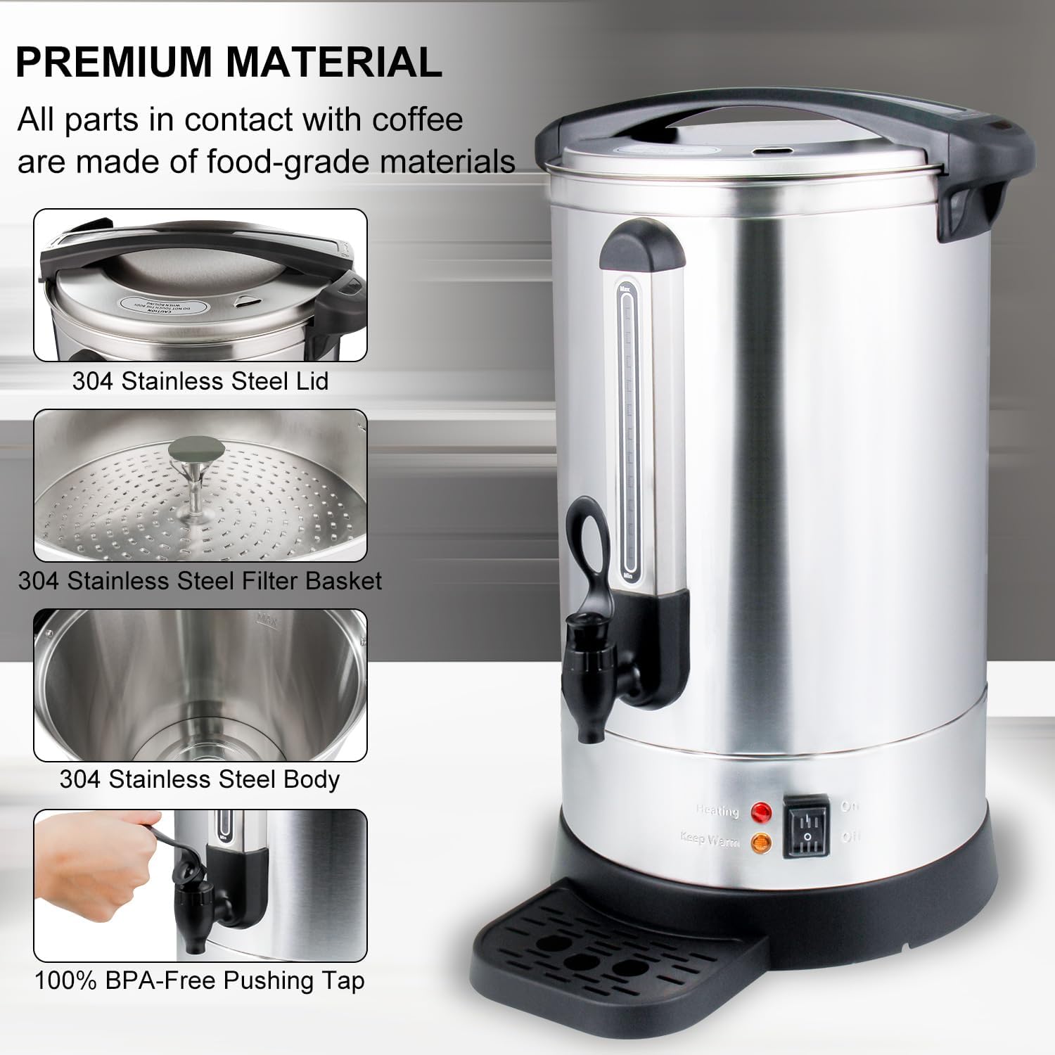APOXCON Coffee Urn Commercial Grade Coffee Maker Double Wall Stainless Steel Large Hot Water Urn, 1500W Quick Brew Coffee Percolator Electric with Keep Warm Function, 100-Cup 14 L